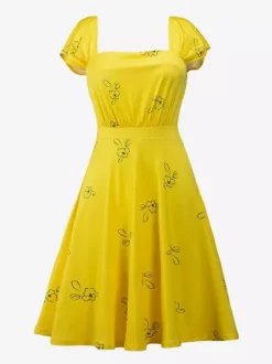 Date Night Dresses Midi Short Sleeves Floral Print Square Neck Casual Yellow Dress