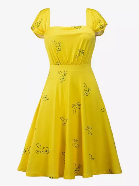 Date Night Dresses Midi Short Sleeves Floral Print Square Neck Casual Yellow Dress