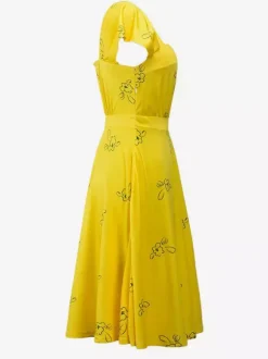Date Night Dresses Midi Short Sleeves Floral Print Square Neck Casual Yellow Dress