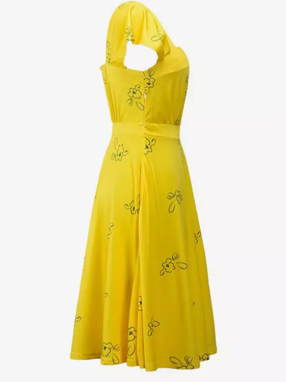Date Night Dresses Midi Short Sleeves Floral Print Square Neck Casual Yellow Dress