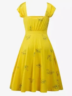 Date Night Dresses Midi Short Sleeves Floral Print Square Neck Casual Yellow Dress