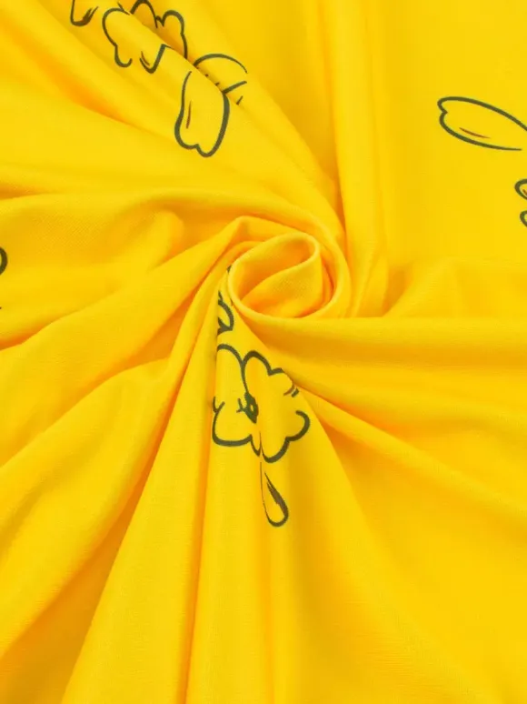 Date Night Dresses Midi Short Sleeves Floral Print Square Neck Casual Yellow Dress