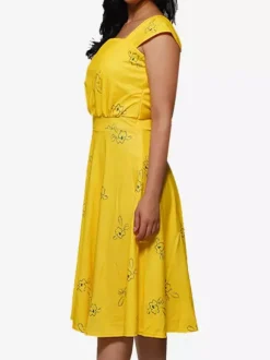 Date Night Dresses Midi Short Sleeves Floral Print Square Neck Casual Yellow Dress