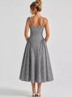 Date Night Dresses Midi Sleeveless Plaid Square Neck Elegant Black Dress