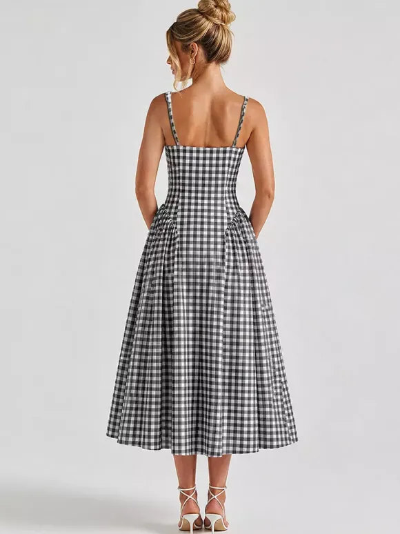 Date Night Dresses Midi Sleeveless Plaid Square Neck Elegant Black Dress