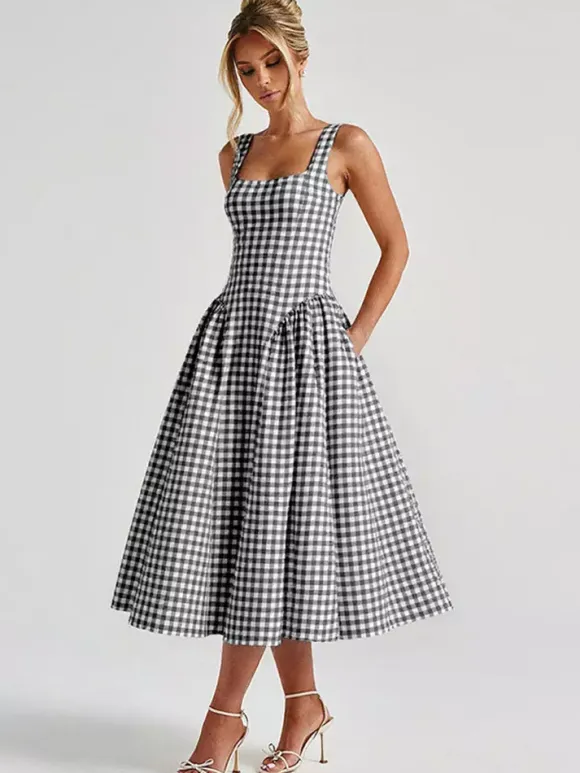 Date Night Dresses Midi Sleeveless Plaid Square Neck Elegant Black Dress