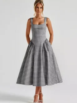 Date Night Dresses Midi Sleeveless Plaid Square Neck Elegant Black Dress