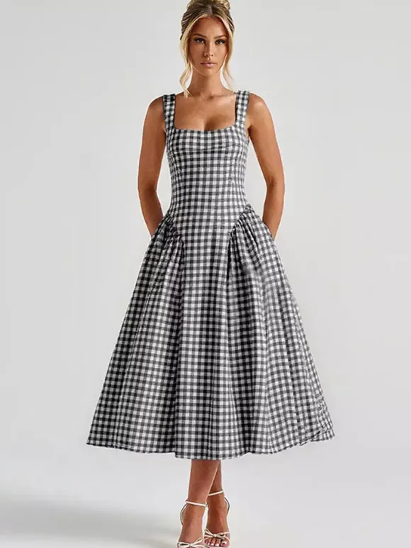 Date Night Dresses Midi Sleeveless Plaid Square Neck Elegant Black Dress