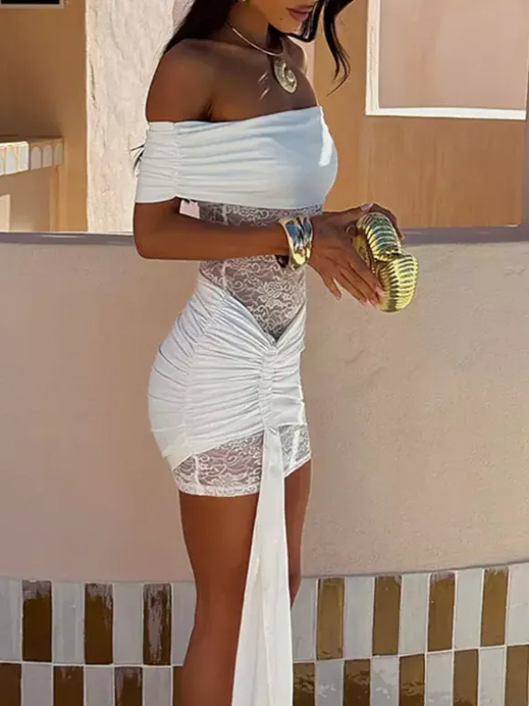 Date Night Dresses Mini Asymmetrical Pleated Lace Short Sleeves Off-The-Shoulder Sexy Green Dress
