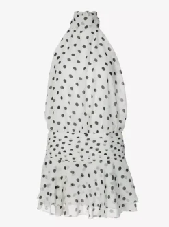 Date Night Dresses Mini Backless Halter Polka Dot High Collar Chic White Chiffon Dress