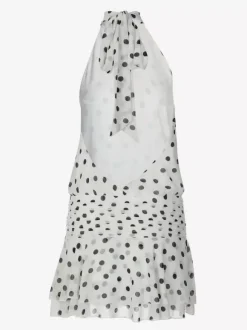 Date Night Dresses Mini Backless Halter Polka Dot High Collar Chic White Chiffon Dress
