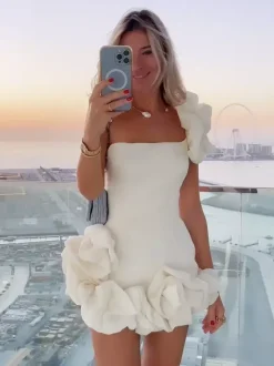 Date Night Dresses Mini Backless Ruffles Zipper Sleeveless Strapless Chic White Dress