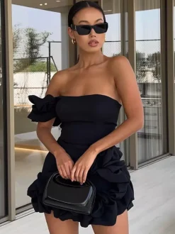 Date Night Dresses Mini Backless Ruffles Zipper Sleeveless Strapless Chic White Dress