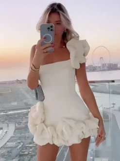 Date Night Dresses Mini Backless Ruffles Zipper Sleeveless Strapless Chic White Dress
