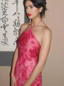 Date Night Dresses Mini Backless Flowers Lace Up Sleeveless Floral Print Halter Casual Rose Dress