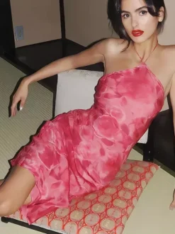 Date Night Dresses Mini Backless Flowers Lace Up Sleeveless Floral Print Halter Casual Rose Dress