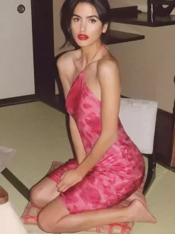 Date Night Dresses Mini Backless Flowers Lace Up Sleeveless Floral Print Halter Casual Rose Dress