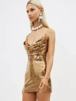 Date Night Dresses Mini Backless Sleeveless Cowl Neck Chic Gold Clubwear