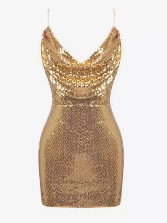 Date Night Dresses Mini Backless Sleeveless Cowl Neck Chic Gold Clubwear