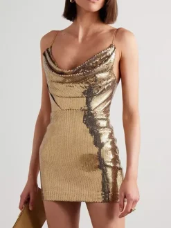 Date Night Dresses Mini Backless Sleeveless Cowl Neck Chic Gold Clubwear