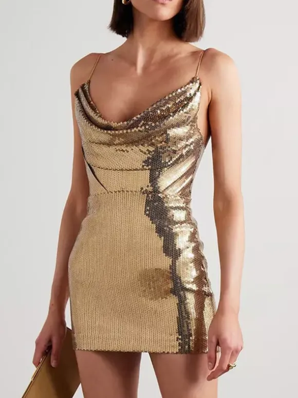 Date Night Dresses Mini Backless Sleeveless Cowl Neck Chic Gold Clubwear