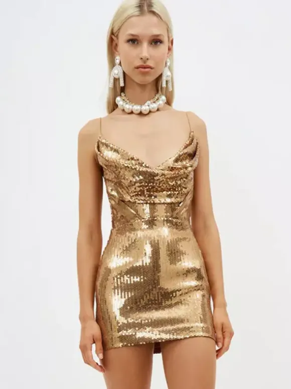 Date Night Dresses Mini Backless Sleeveless Cowl Neck Chic Gold Clubwear