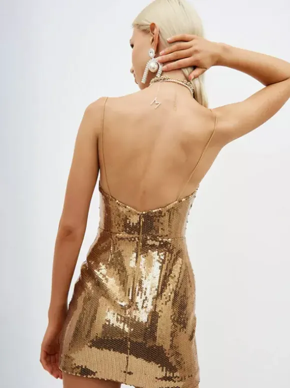 Date Night Dresses Mini Backless Sleeveless Cowl Neck Chic Gold Clubwear