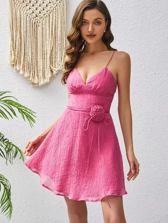 Date Night Dresses Mini Flowers Sleeveless Straps Neck Elegant Rose Dress