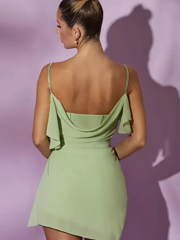 Date Night Dresses Mini Irregular Ruffles Sleeveless Square Neck Sexy Green Dress