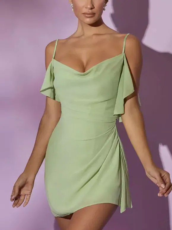 Date Night Dresses Mini Irregular Ruffles Sleeveless Square Neck Sexy Green Dress