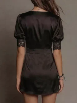 Date Night Dresses Mini Lace Short Sleeves V-Neck Sexy Black Satin Wrap Nightgown