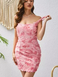 Date Night Dresses Mini Lace Sleeveless Straps Neck Sexy Pink Dress