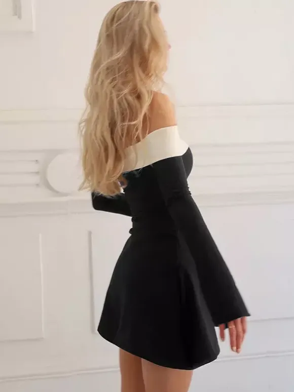 Date Night Dresses Mini Long Sleeves Two-Tone Off-The-Shoulder Chic Black Dress
