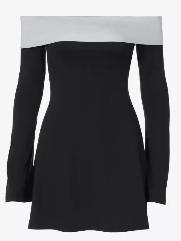 Date Night Dresses Mini Long Sleeves Two-Tone Off-The-Shoulder Chic Black Dress