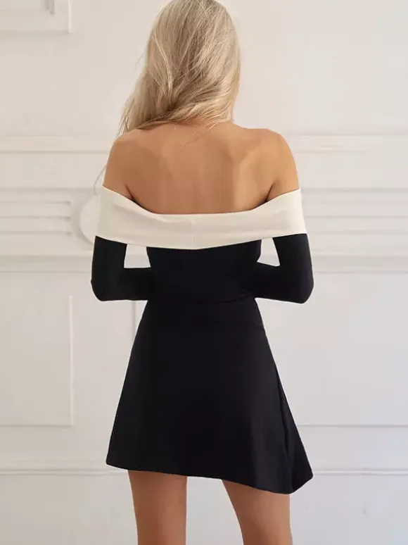 Date Night Dresses Mini Long Sleeves Two-Tone Off-The-Shoulder Chic Black Dress