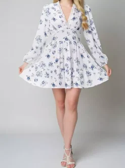 Date Night Dresses Mini Long Sleeves Floral Print V-Neck Elegant White Summer Dress