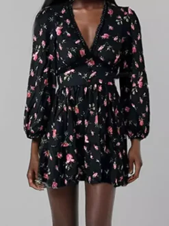 Date Night Dresses Mini Long Sleeves Floral Print V-Neck Elegant White Summer Dress