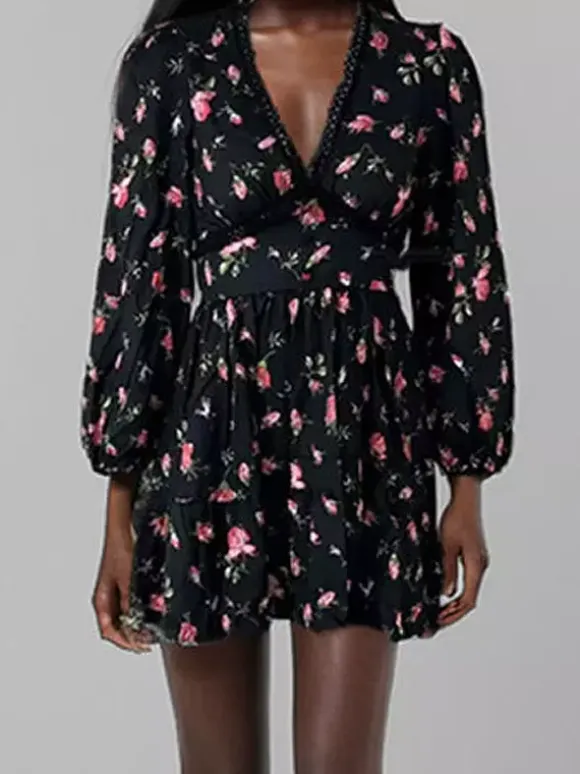 Date Night Dresses Mini Long Sleeves Floral Print V-Neck Elegant White Summer Dress