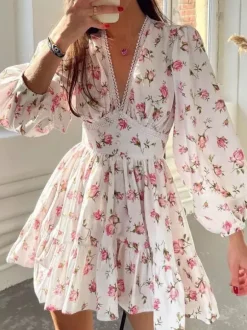 Date Night Dresses Mini Long Sleeves Floral Print V-Neck Elegant White Summer Dress