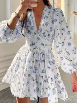 Date Night Dresses Mini Long Sleeves Floral Print V-Neck Elegant White Summer Dress