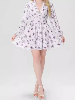 Date Night Dresses Mini Long Sleeves Floral Print V-Neck Elegant White Summer Dress