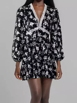 Date Night Dresses Mini Long Sleeves Floral Print V-Neck Elegant White Summer Dress