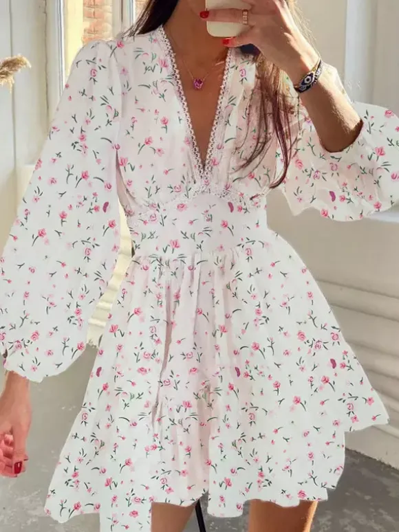 Date Night Dresses Mini Long Sleeves Floral Print V-Neck Elegant White Summer Dress