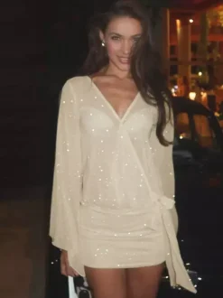 Date Night Dresses Mini Pleated Long Sleeves V-Neck Sweet Apricot Dress