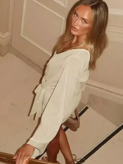 Date Night Dresses Mini Pleated Long Sleeves V-Neck Sweet Apricot Dress