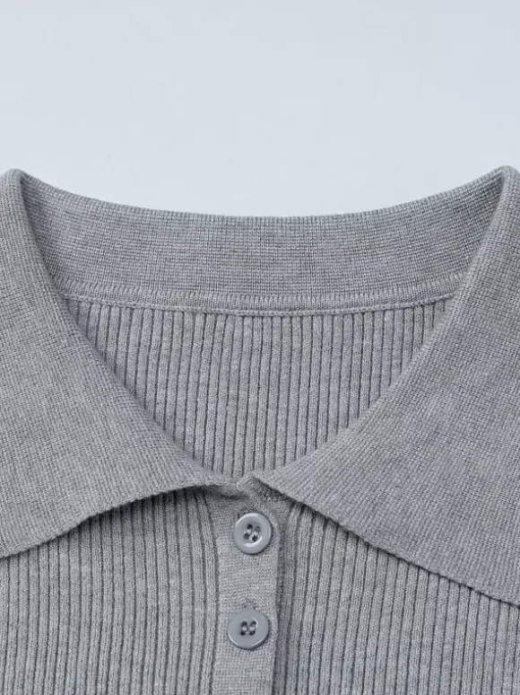 Date Night Dresses Mini Pleated Knitted Long Sleeves V-Neck Sweet Gray Dress