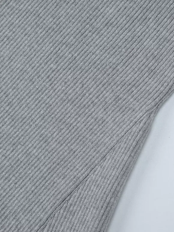 Date Night Dresses Mini Pleated Knitted Long Sleeves V-Neck Sweet Gray Dress