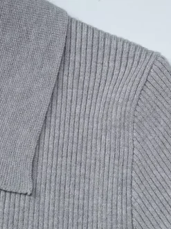 Date Night Dresses Mini Pleated Knitted Long Sleeves V-Neck Sweet Gray Dress