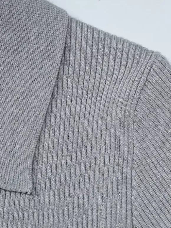 Date Night Dresses Mini Pleated Knitted Long Sleeves V-Neck Sweet Gray Dress