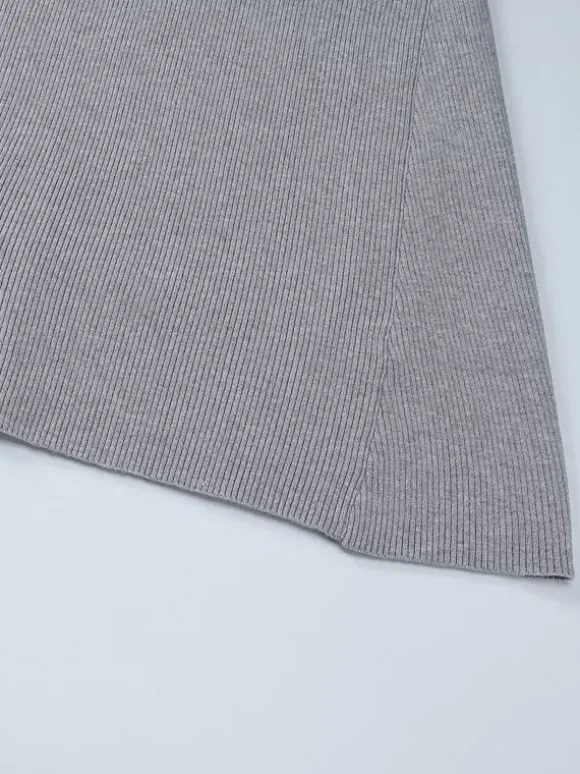 Date Night Dresses Mini Pleated Knitted Long Sleeves V-Neck Sweet Gray Dress